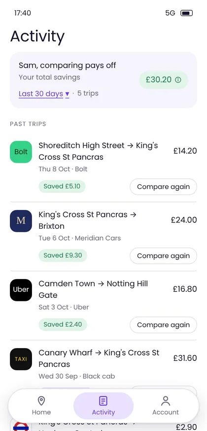 Activity screen with savings