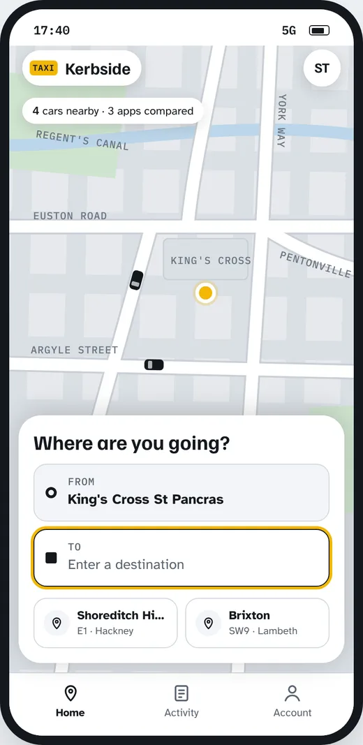 First version, called Kerbside: home screen with a yellow accent and a map with four cars