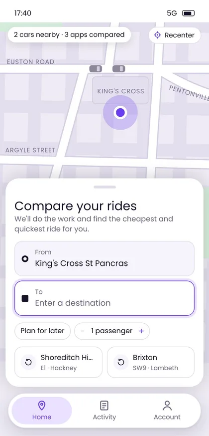 Home screen with the map and search panel