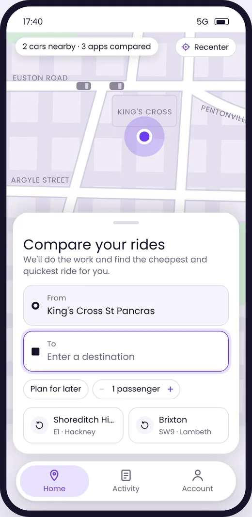 Latest version, called Switch: home screen in violet with the Compare your rides panel
