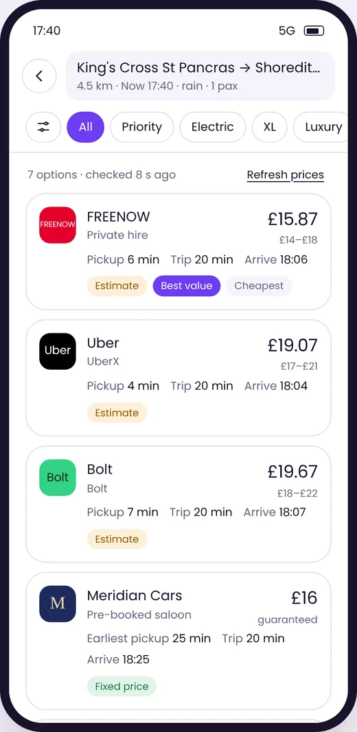 Latest version: results with provider logos, ride-type filters and price labels