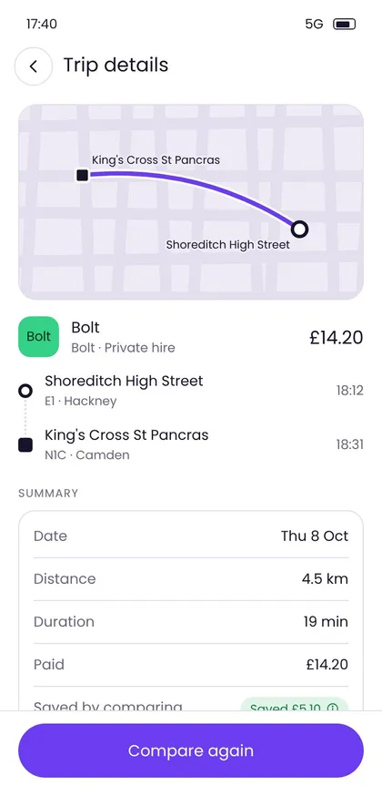 Trip details with the route map