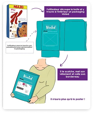 The user cuts the cereal box open and finds a Vinted parcel inside, tapes it, adds the shipping label and posts it