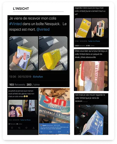 Tweets about Vinted parcels arriving in food packaging, such as a Nesquik box